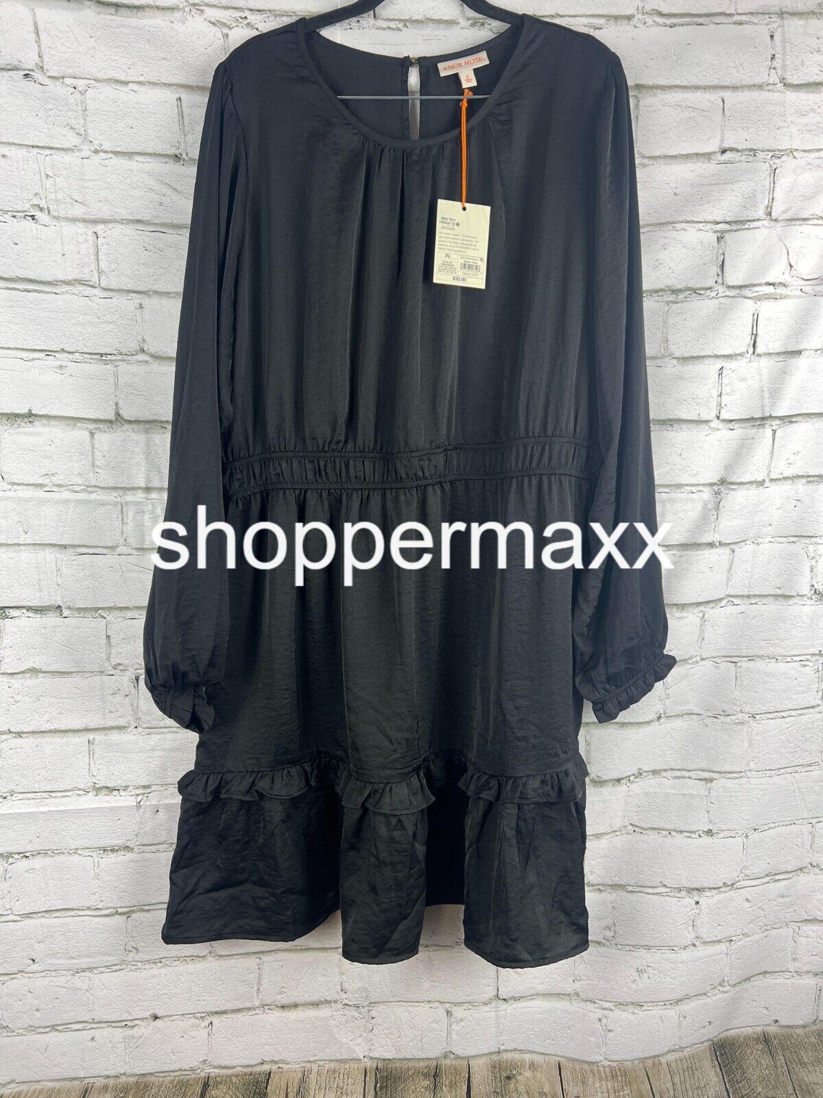 Women's Long Sleeve Satin Dress - Knox Rose, Black, Size X-Large