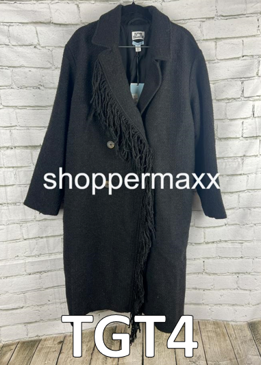 Women's Notched Lapel Double Breasted Fringe Coat - Future Collective, Black, M
