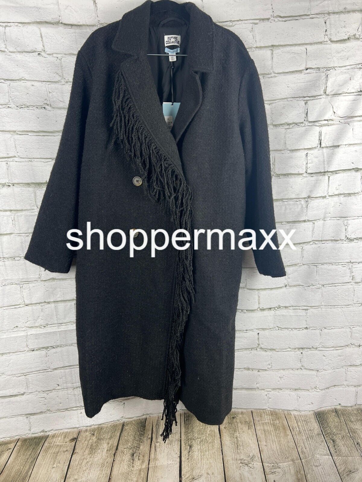 Women's Notched Lapel Double Breasted Fringe Coat - Future Collective, Black, M