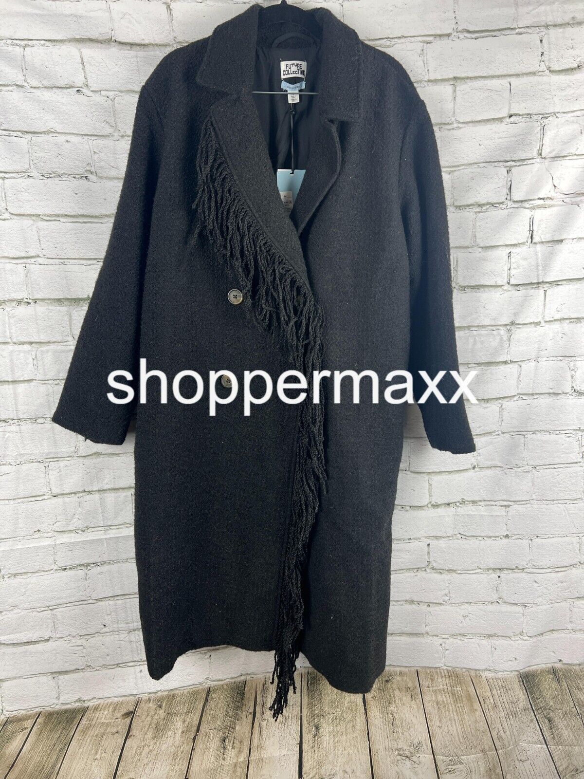 Women's Notched Lapel Double Breasted Fringe Coat - Future Collective, Black, M
