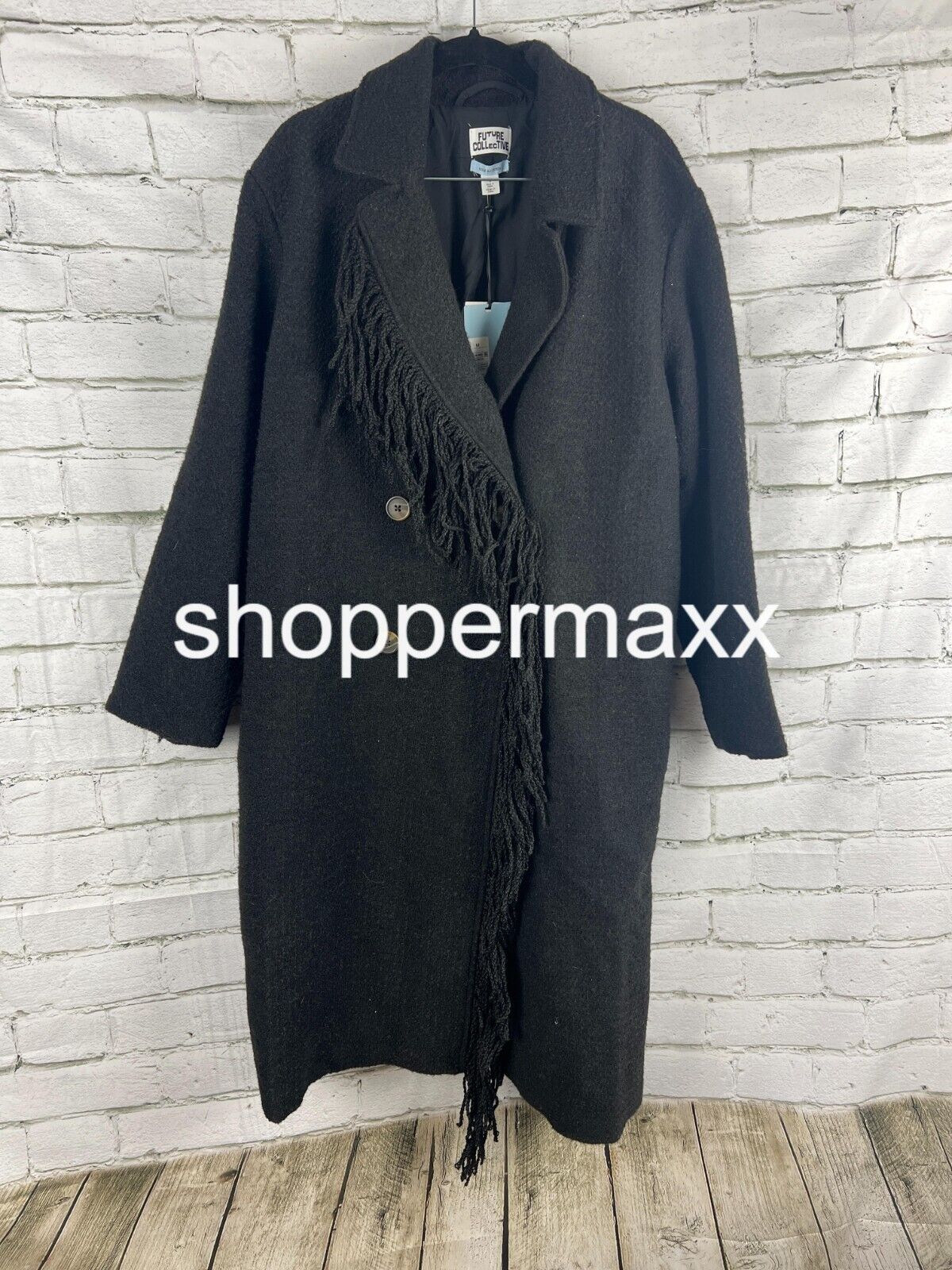 Women's Notched Lapel Double Breasted Fringe Coat - Future Collective, Black, M