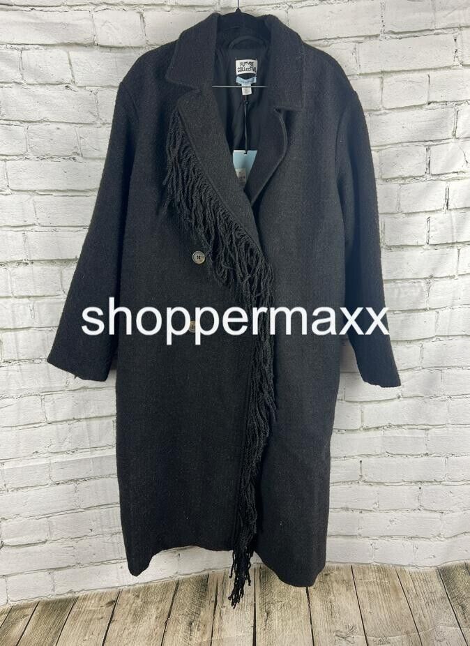 Women's Notched Lapel Double Breasted Fringe Coat - Future Collective, Black, M