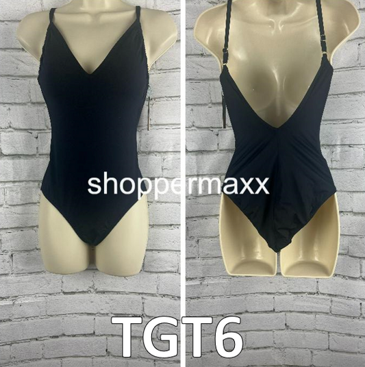 Women's V-Neck Shirred Medium Coverage One Piece Swimsuit - Kona Sol, Black, XS