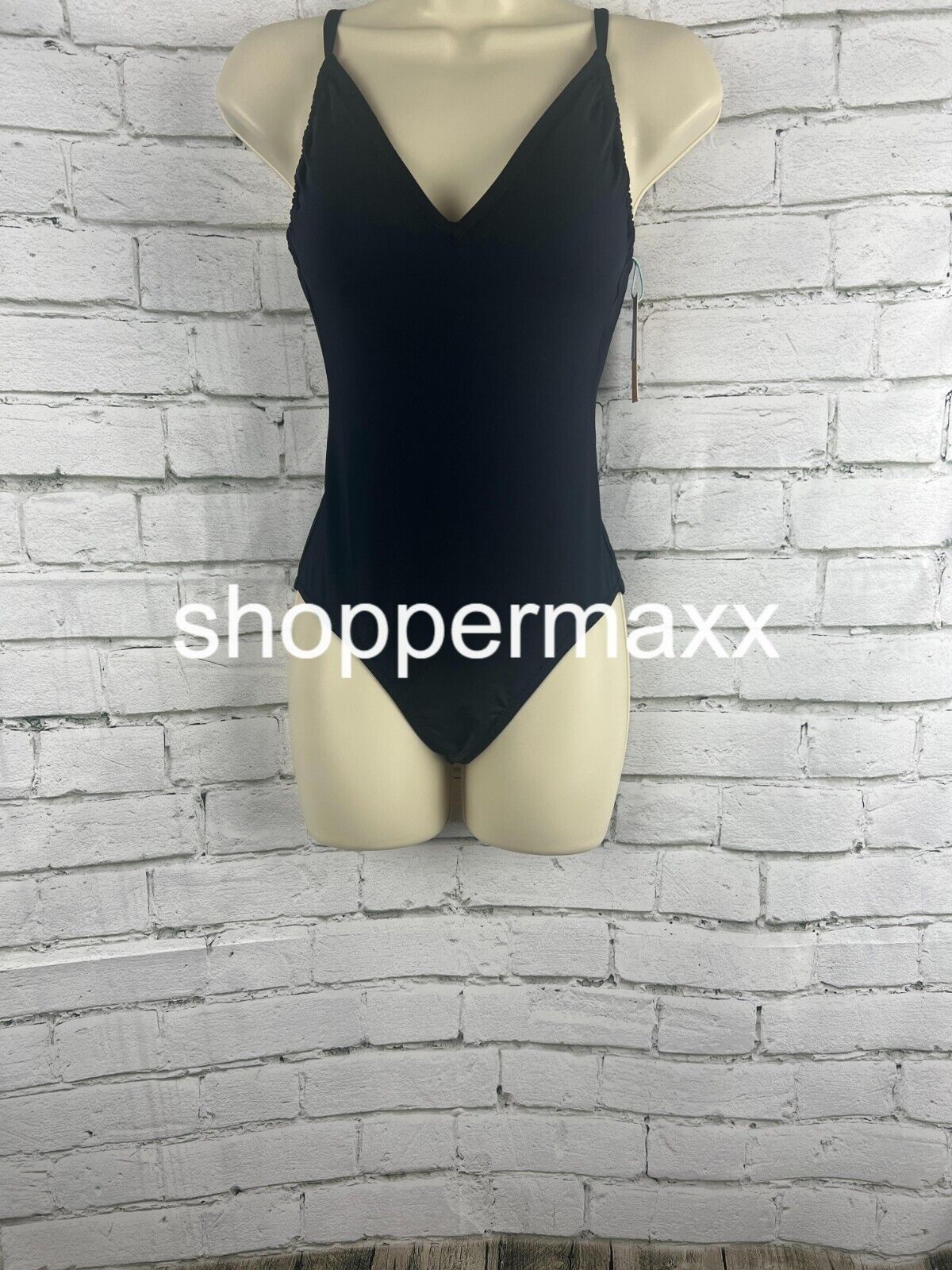 Women's V-Neck Shirred Medium Coverage One Piece Swimsuit - Kona Sol, Black, XS