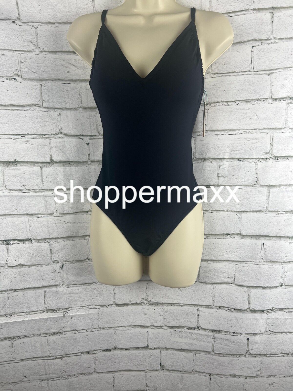 Women's V-Neck Shirred Medium Coverage One Piece Swimsuit - Kona Sol, Black, XS