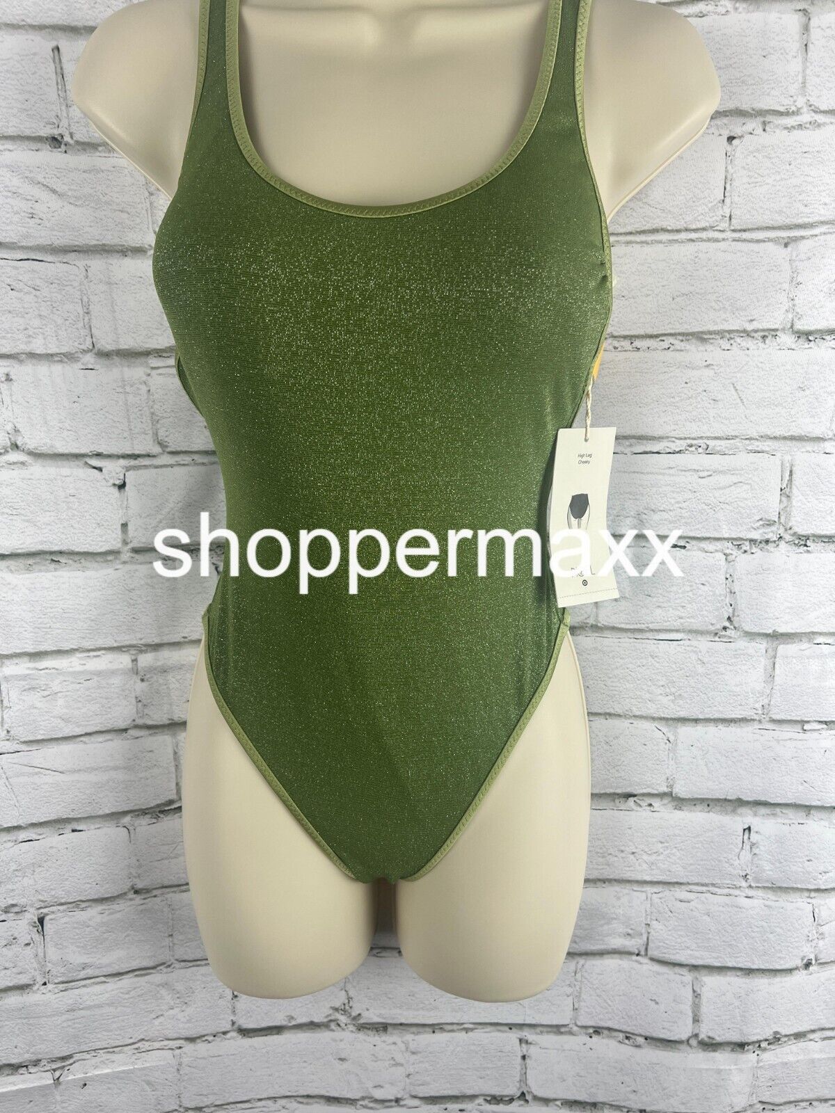 Women Metallic High Leg Cheeky 1 Piece Swimsuit- Fe Noel x Target Dark Olive, XS