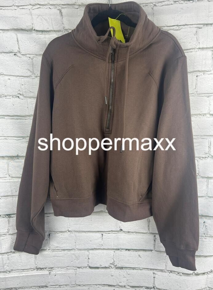 Women's Half Zip Fleece Pull Over Sweatshirt - drawstring hood, Brown, 1X