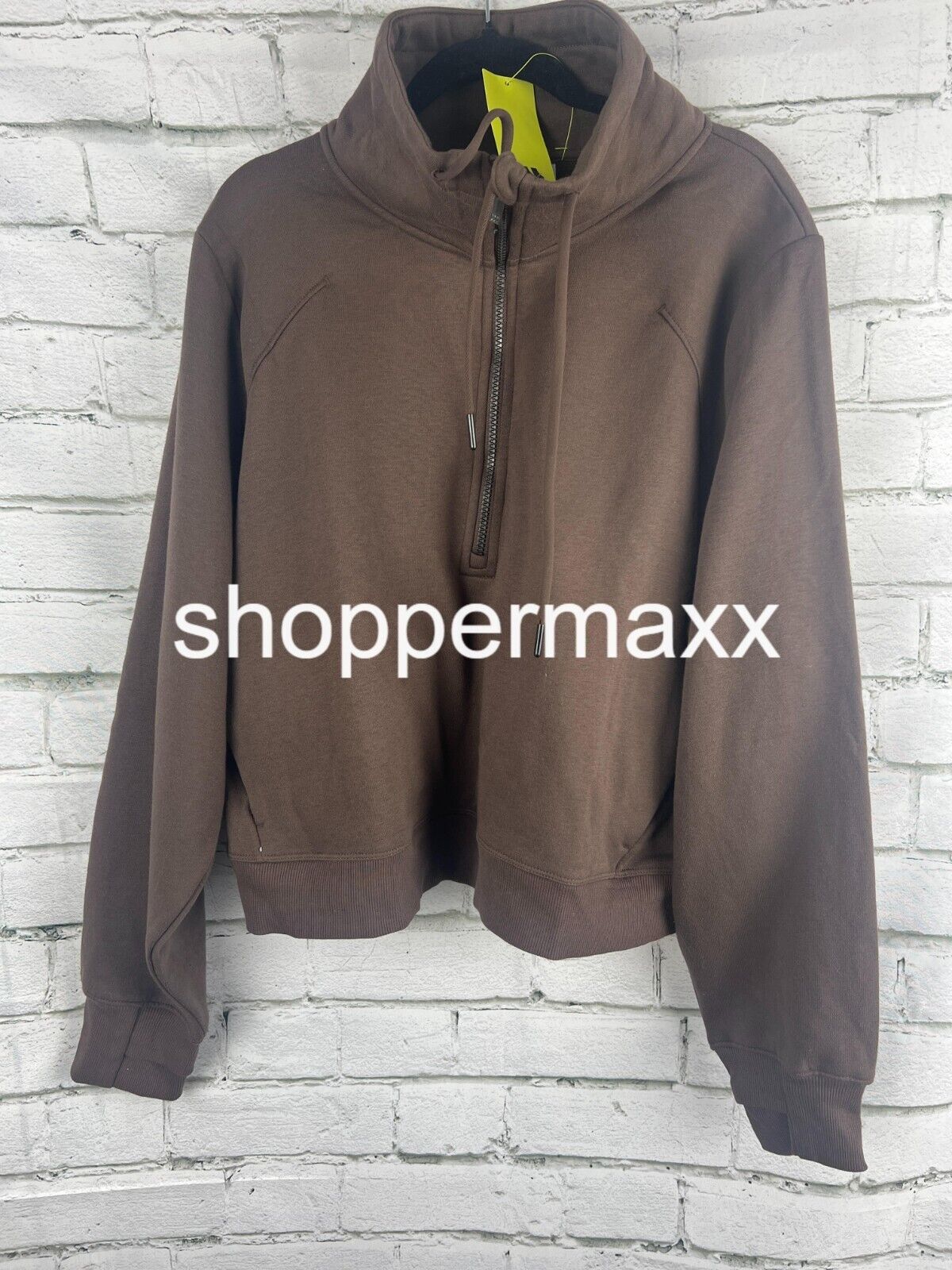 Women's Half Zip Fleece Pull Over Sweatshirt - drawstring hood, Brown, 1X