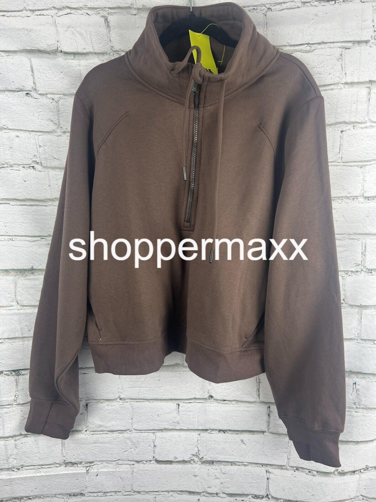 Women's Half Zip Fleece Pull Over Sweatshirt - drawstring hood, Brown, 1X