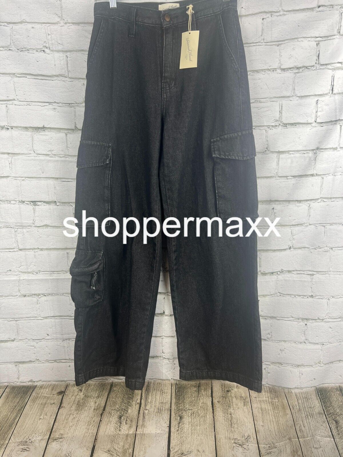 Women's High-Rise Wide Leg Denim Cargo Pants - Universal Thread, Black, Size 4