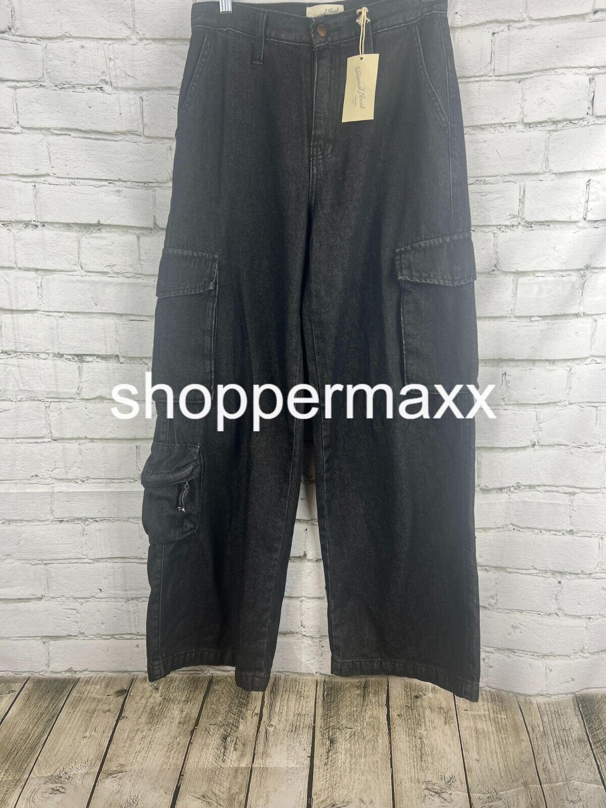Women's High-Rise Wide Leg Denim Cargo Pants - Universal Thread, Black, Size 4