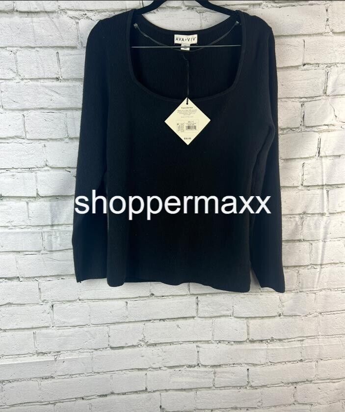 Women's Square Neck Pullover Sweater - Ava & Viv, Black, Size XX-Large