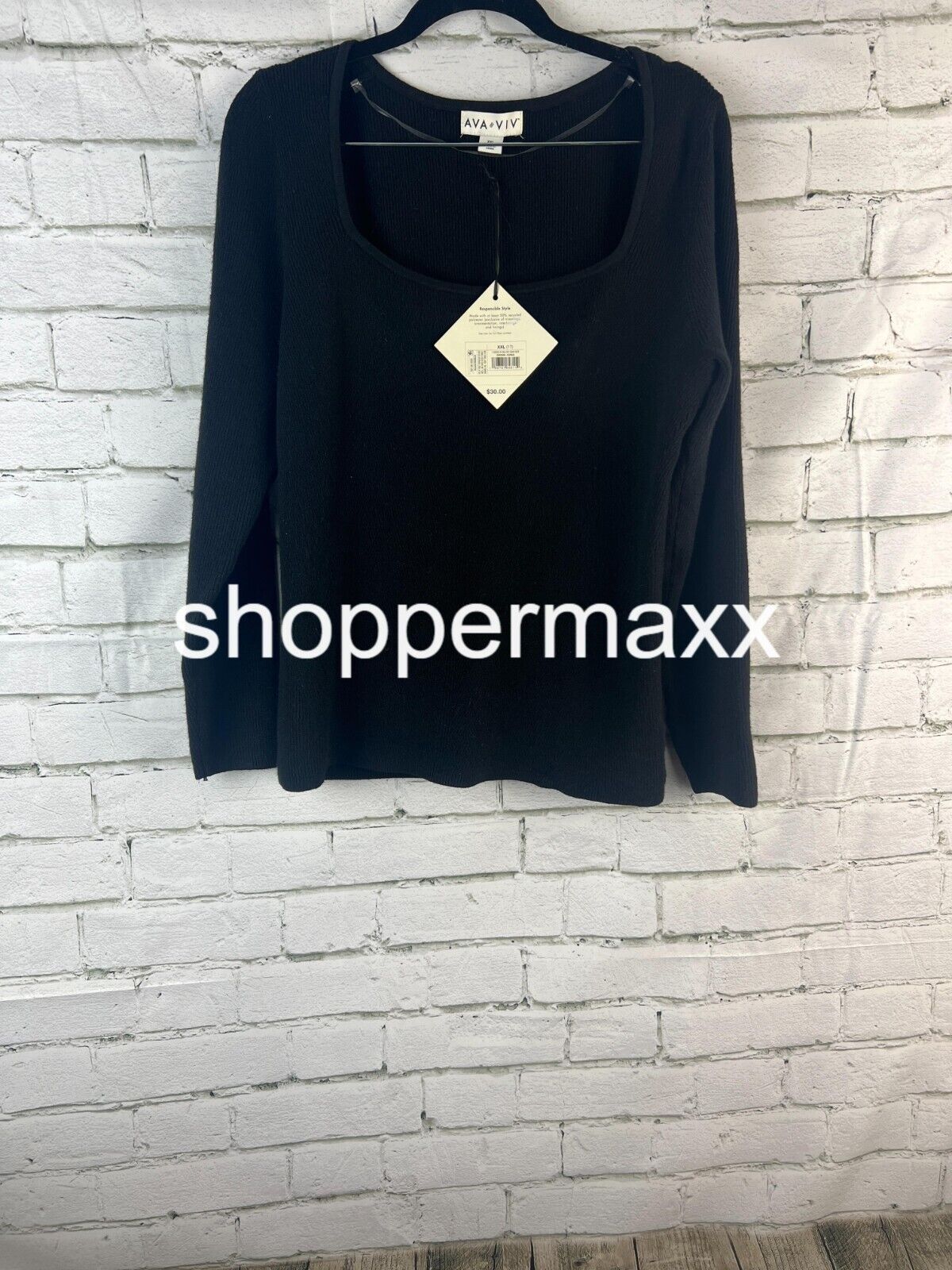 Women's Square Neck Pullover Sweater - Ava & Viv, Black, Size XX-Large