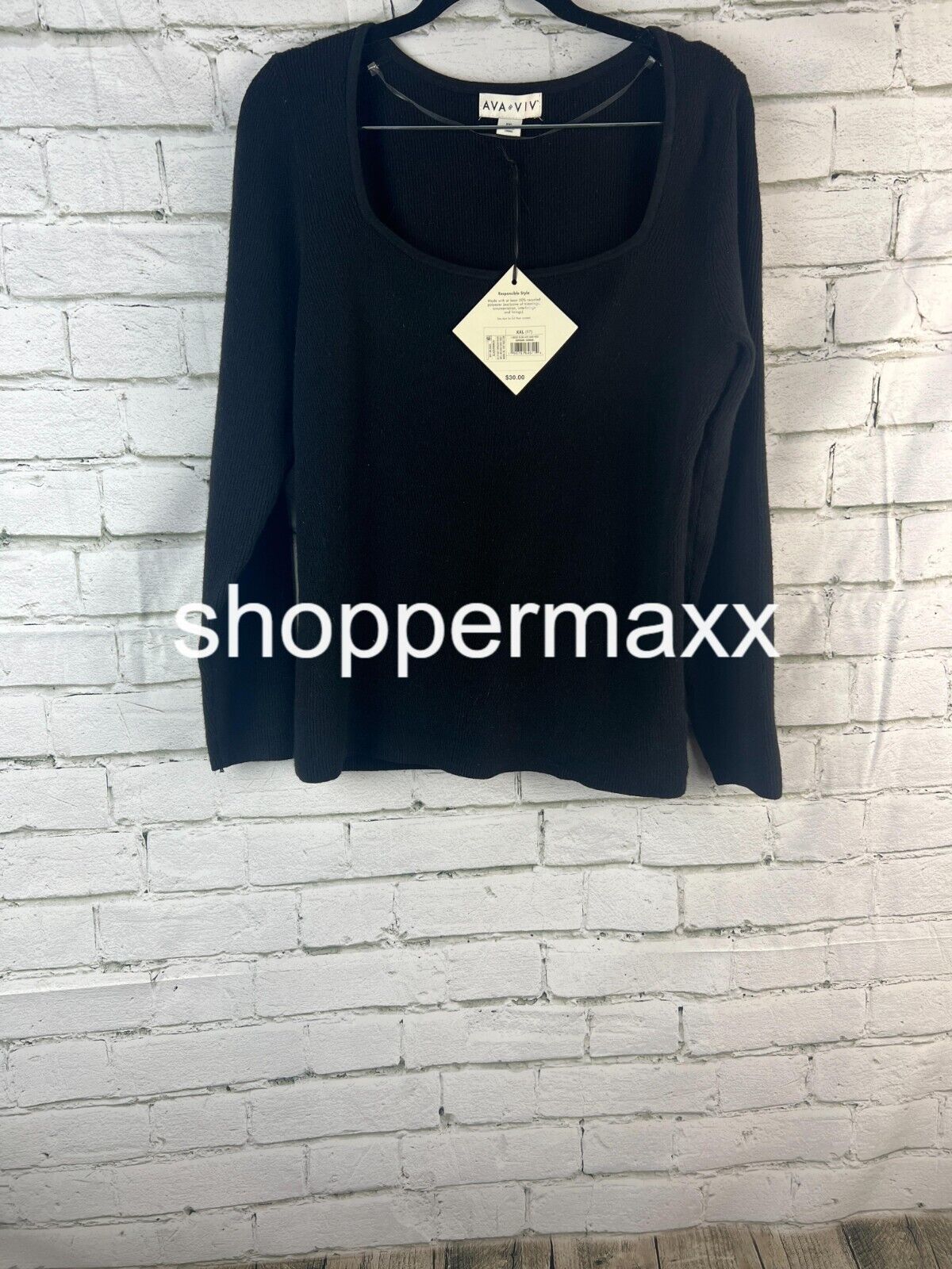 Women's Square Neck Pullover Sweater - Ava & Viv, Black, Size XX-Large