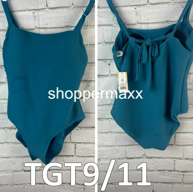 Women's Ribbed Square Neck Classic One Piece Swimsuit-Kona Sol, Teal Blue, Large