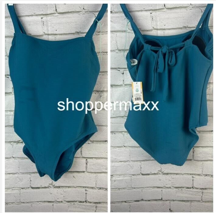 Women's Ribbed Square Neck Classic One Piece Swimsuit-Kona Sol, Teal Blue, Large