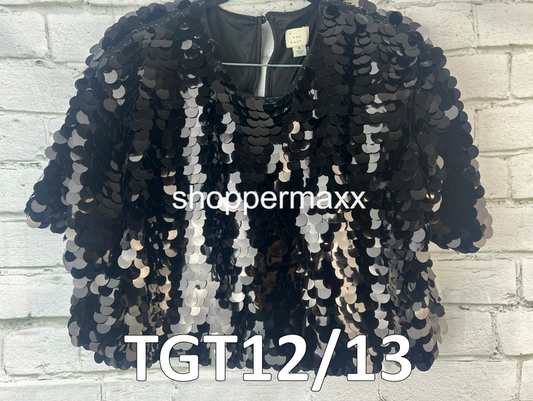 A New Day Black Sequin Short Sleeve Paillettes Top, Black, Size Medium