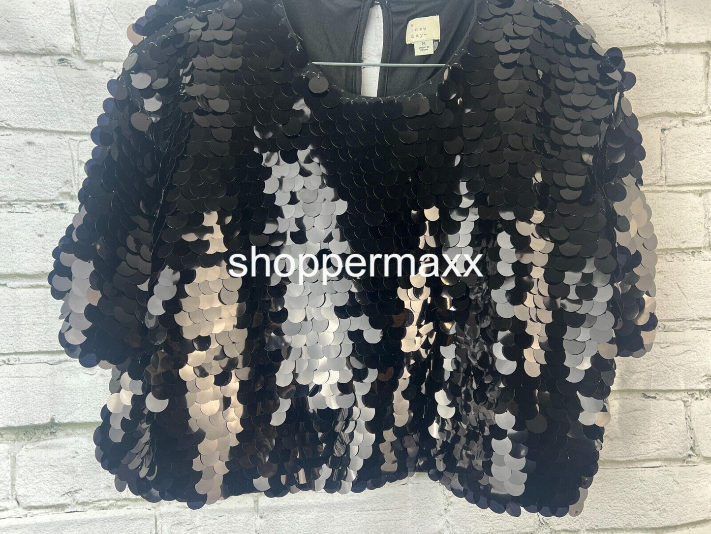 A New Day Black Sequin Short Sleeve Paillettes Top, Black, Size Medium
