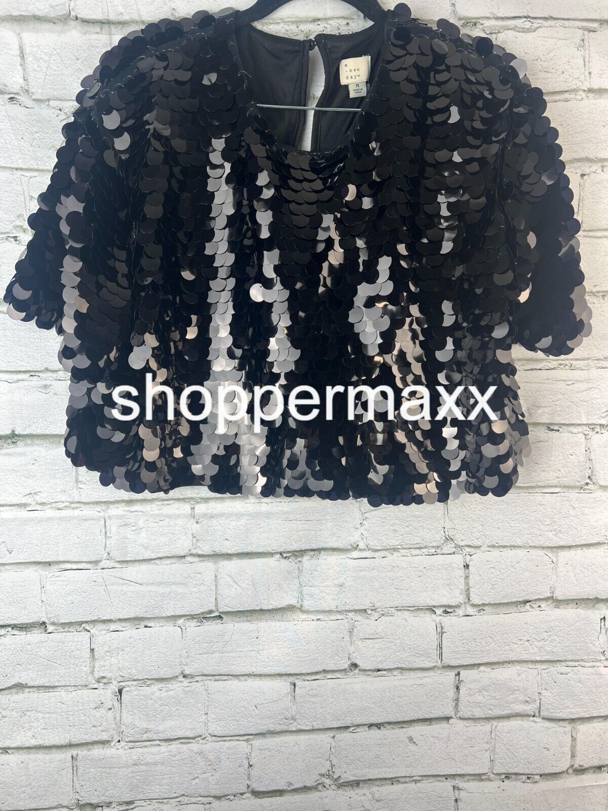 A New Day Black Sequin Short Sleeve Paillettes Top, Black, Size Medium