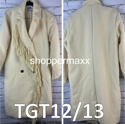 Women's Notched Lapel Double Breasted Fringe Coat - Future Collective, Cream, XS