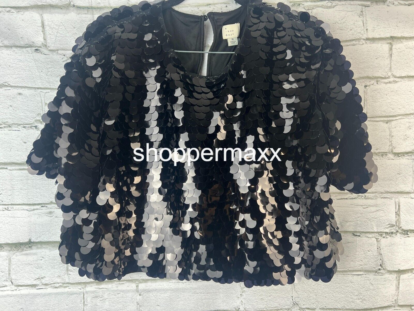 A New Day Black Sequin Short Sleeve Paillettes Top, Black, Size Medium