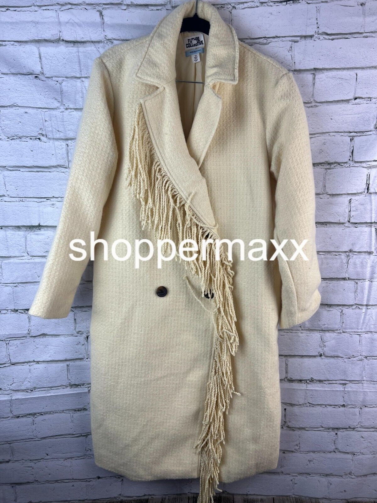 Women's Notched Lapel Double Breasted Fringe Coat - Future Collective, Cream, XS