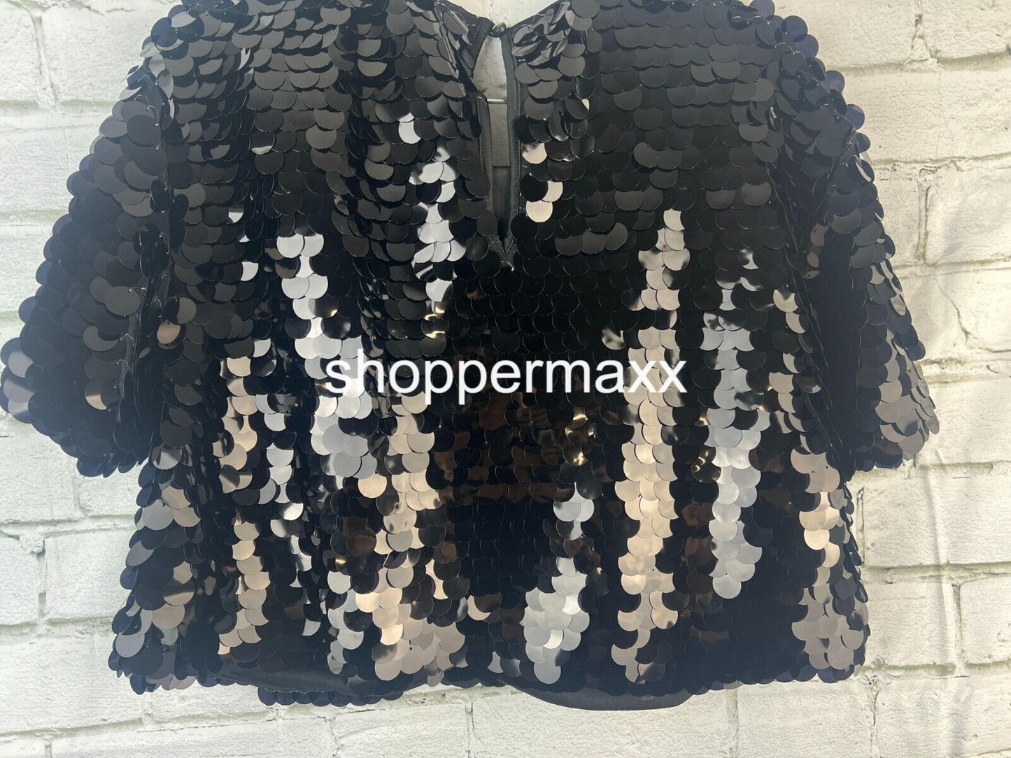 A New Day Black Sequin Short Sleeve Paillettes Top, Black, Size Medium