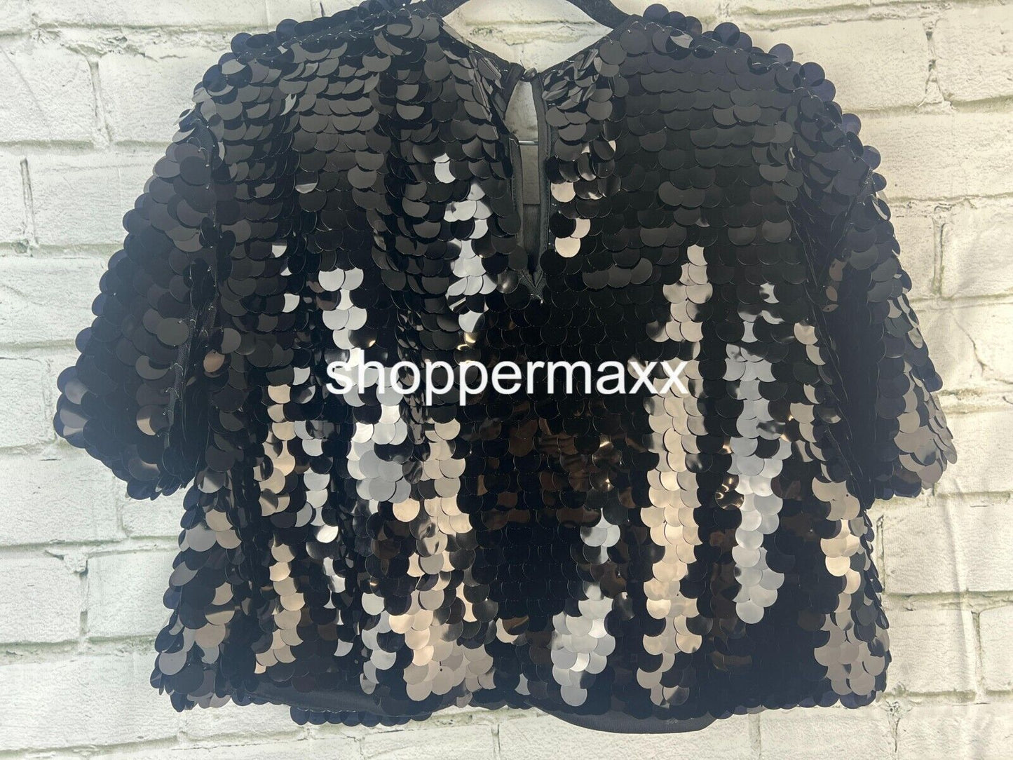 A New Day Black Sequin Short Sleeve Paillettes Top, Black, Size Medium