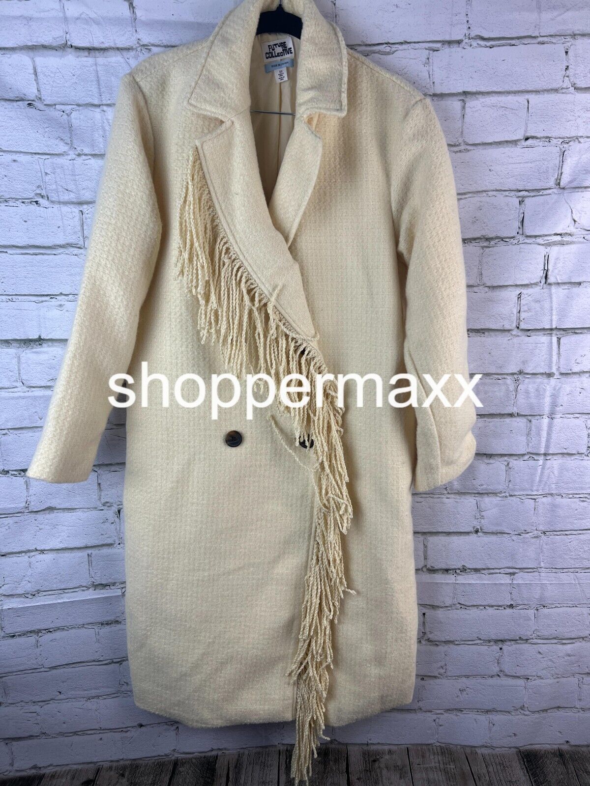 Women's Notched Lapel Double Breasted Fringe Coat - Future Collective, Cream, XS