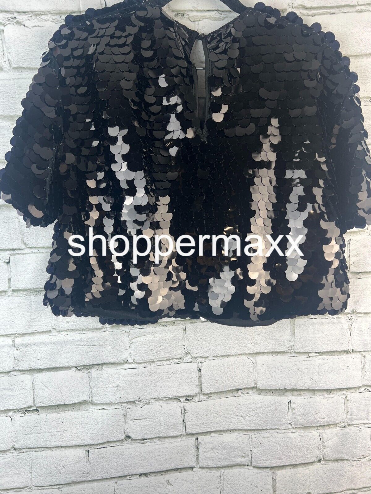 A New Day Black Sequin Short Sleeve Paillettes Top, Black, Size Medium