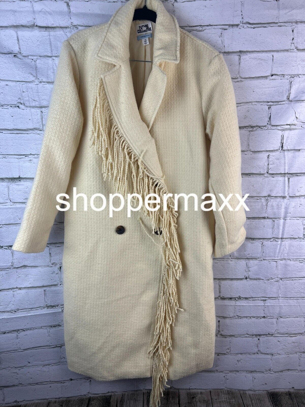 Women's Notched Lapel Double Breasted Fringe Coat - Future Collective, Cream, XS