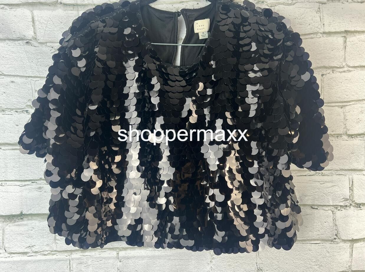 A New Day Black Sequin Short Sleeve Paillettes Top, Black, Size Medium
