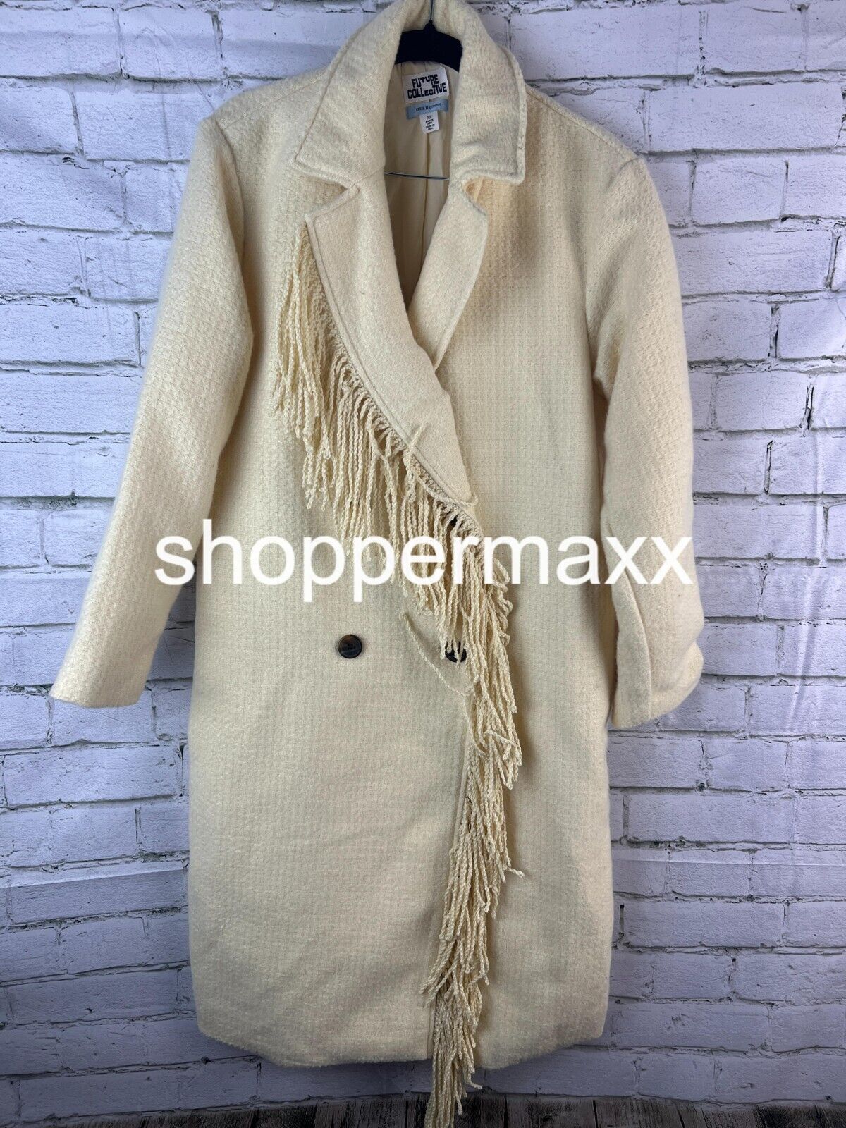 Women's Notched Lapel Double Breasted Fringe Coat - Future Collective, Cream, XS