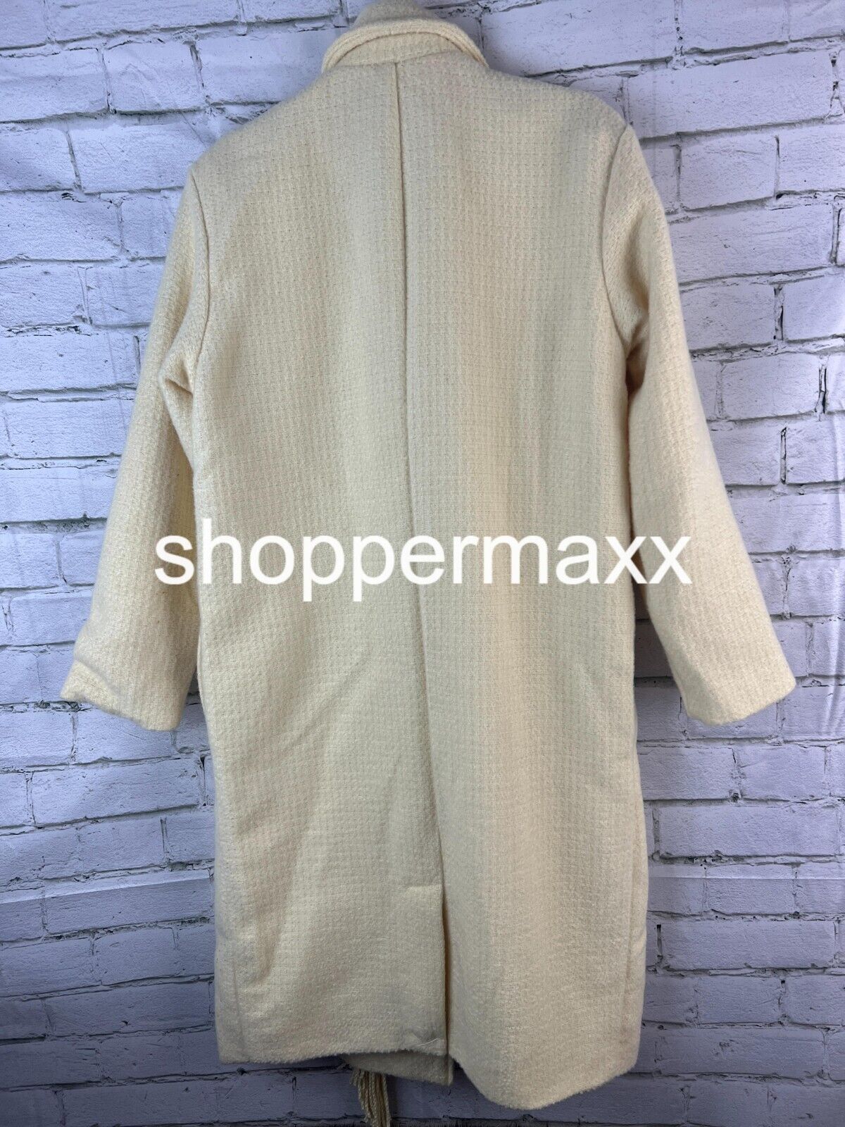 Women's Notched Lapel Double Breasted Fringe Coat - Future Collective, Cream, XS