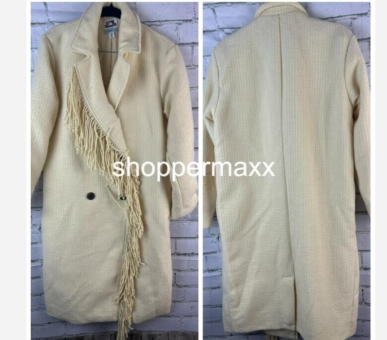 Women's Notched Lapel Double Breasted Fringe Coat - Future Collective, Cream, XS