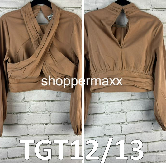 WOMEN' LONG SLEEVE MOCK NECK CROSS-FRONT TOP-FUTURE COLLECTIVE WITH REESE,TAN,XS