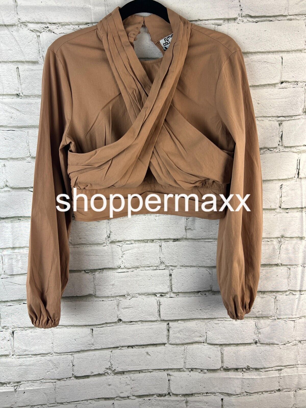 WOMEN' LONG SLEEVE MOCK NECK CROSS-FRONT TOP-FUTURE COLLECTIVE WITH REESE,TAN,XS