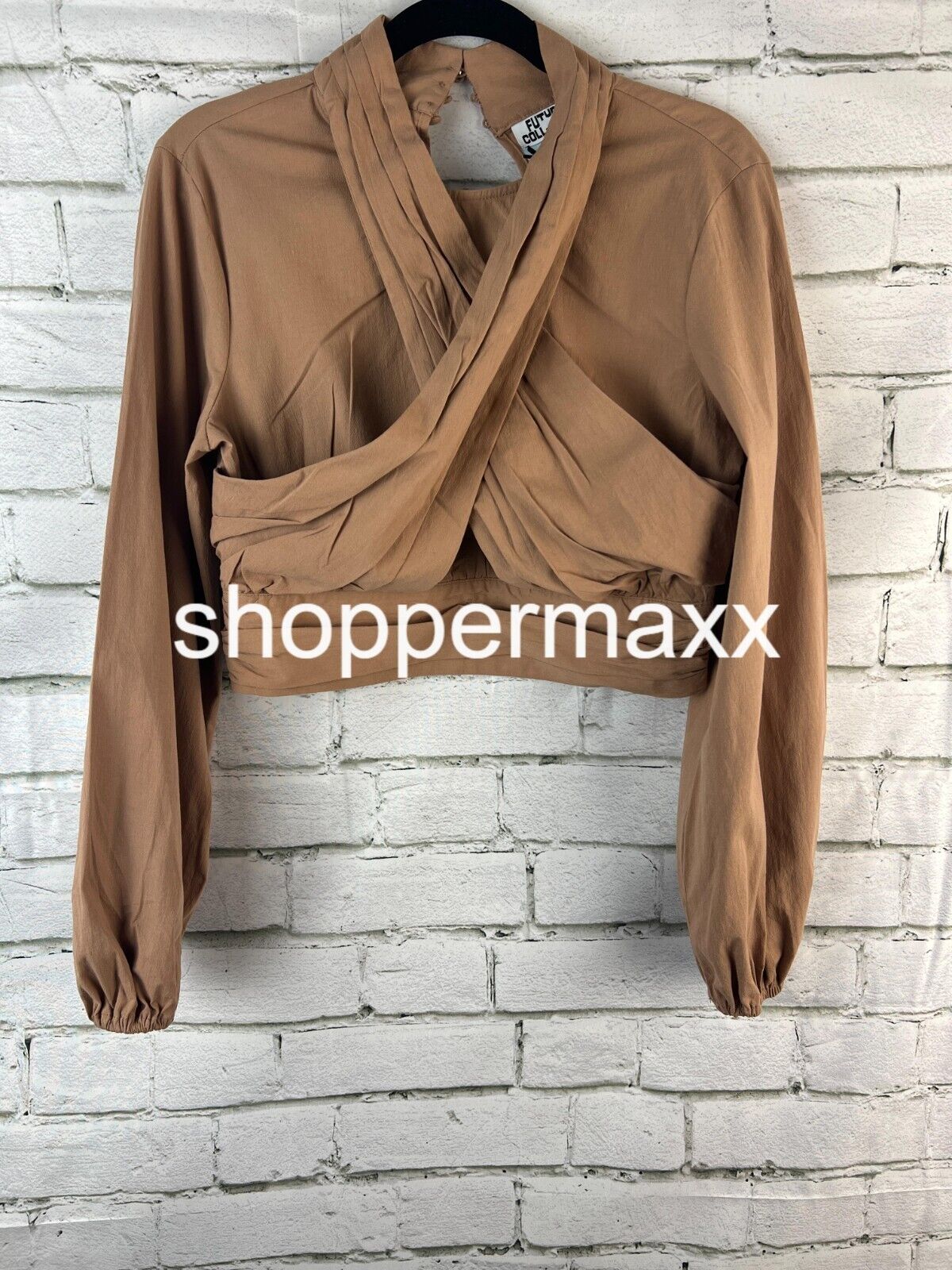 WOMEN' LONG SLEEVE MOCK NECK CROSS-FRONT TOP-FUTURE COLLECTIVE WITH REESE,TAN,XS
