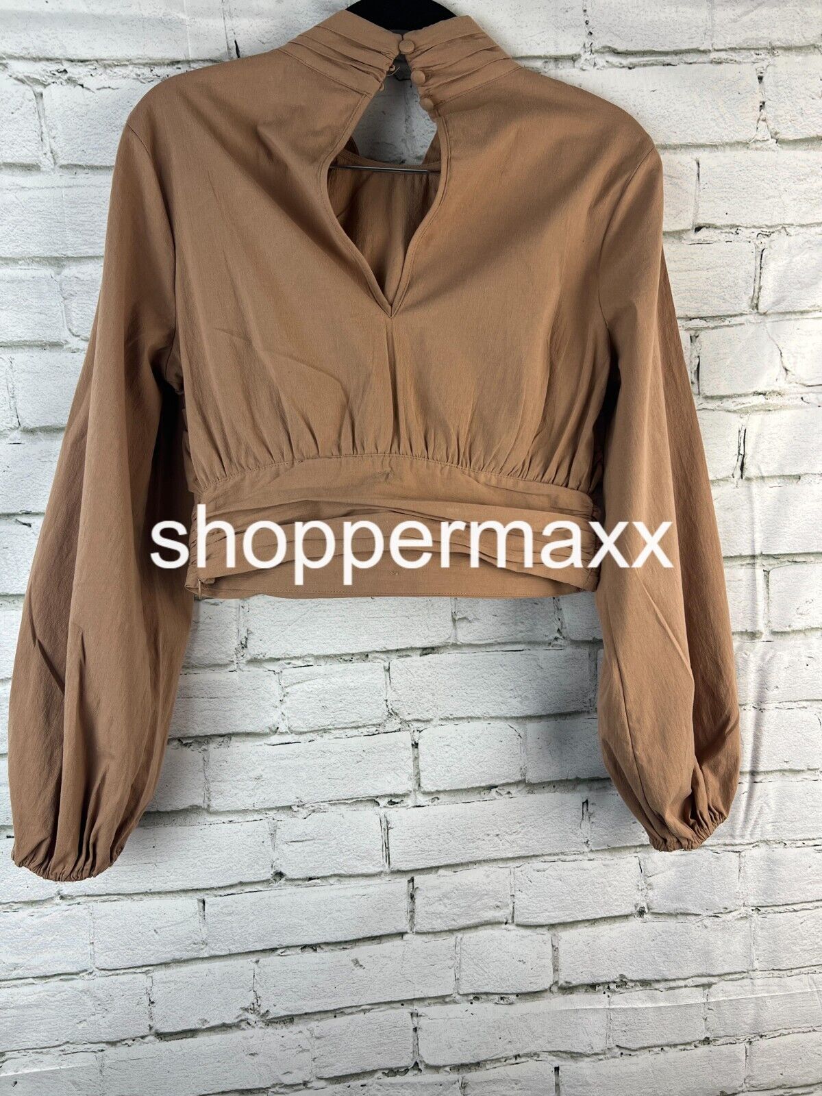 WOMEN' LONG SLEEVE MOCK NECK CROSS-FRONT TOP-FUTURE COLLECTIVE WITH REESE,TAN,XS