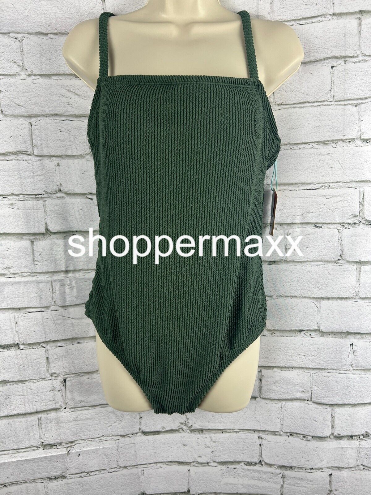 Women's Pucker Textured Square Neck One Piece Swimsuit - Kona Sol, Green, Large