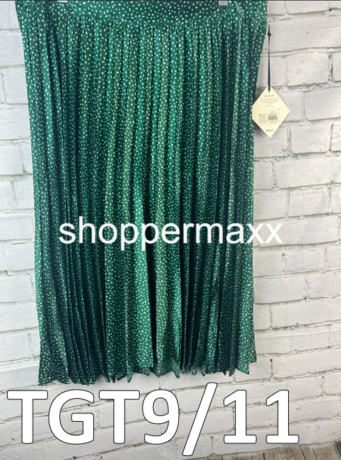 Women's Pleated Satin Midi A-Line Skirt - Ava & Viv, Green Polka Dots, XX-Large