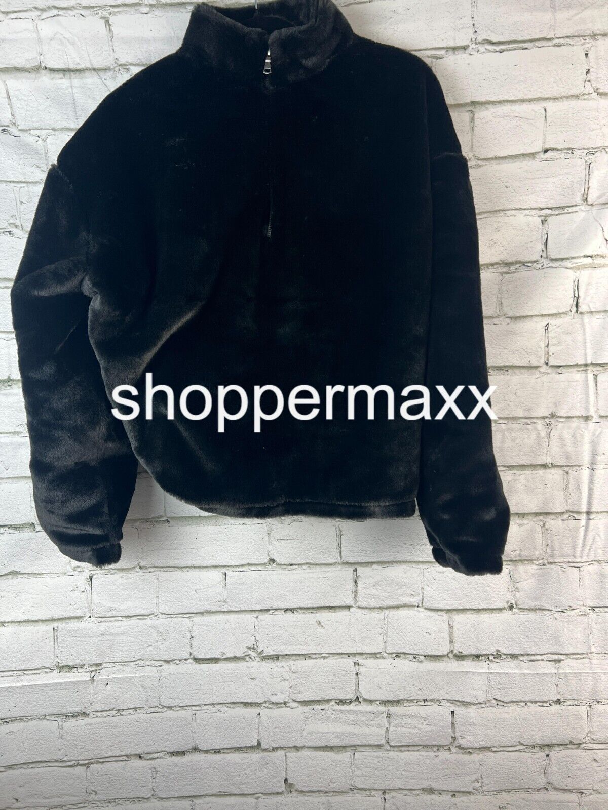 Women's Faux Fur Quarter Zip Sweatshirt - A New Day, Black, Size Medium