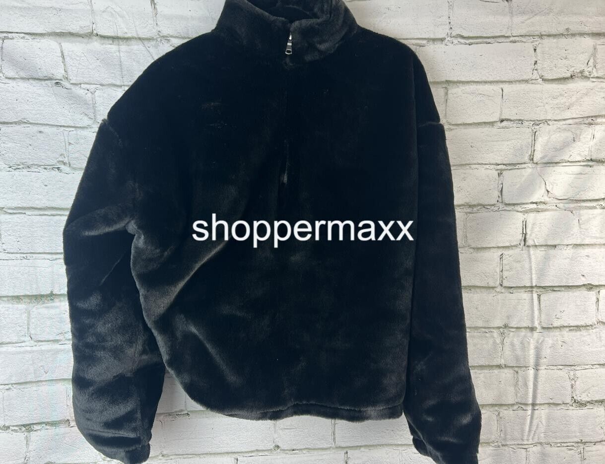 Women's Faux Fur Quarter Zip Sweatshirt - A New Day, Black, Size Medium