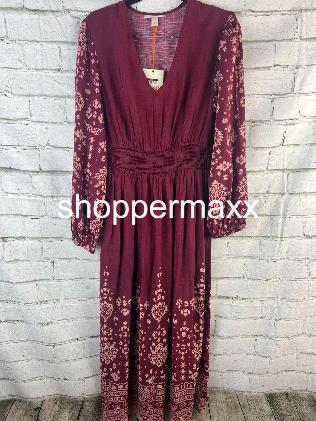 WOMEN'S LONG SLEEVE SMOCKED MAXI DRESS - KNOX ROSE, PURPLE FLORAL, Size X-Small