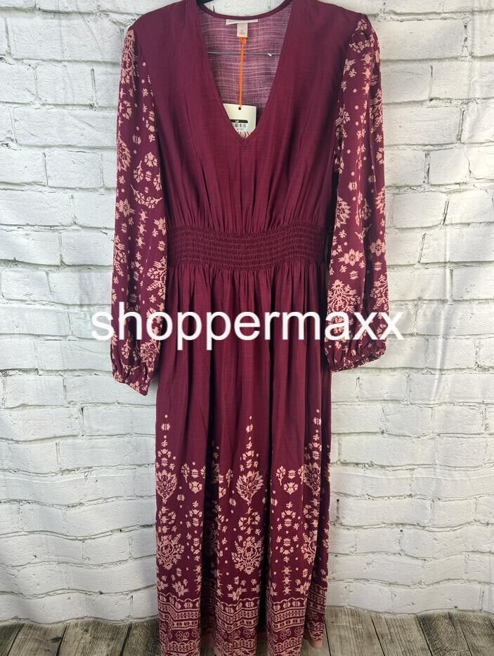WOMEN'S LONG SLEEVE SMOCKED MAXI DRESS - KNOX ROSE, PURPLE FLORAL, Size X-Small
