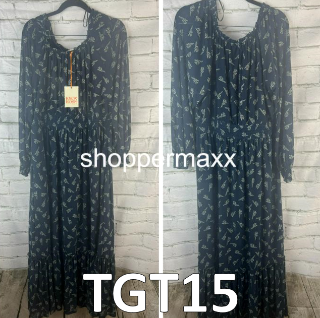Women's Long Sleeve, A-Line Maxi Dress , Knox Rose, Blue, Floral, Large
