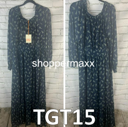 Women's Long Sleeve, A-Line Maxi Dress , Knox Rose, Blue, Floral, Large
