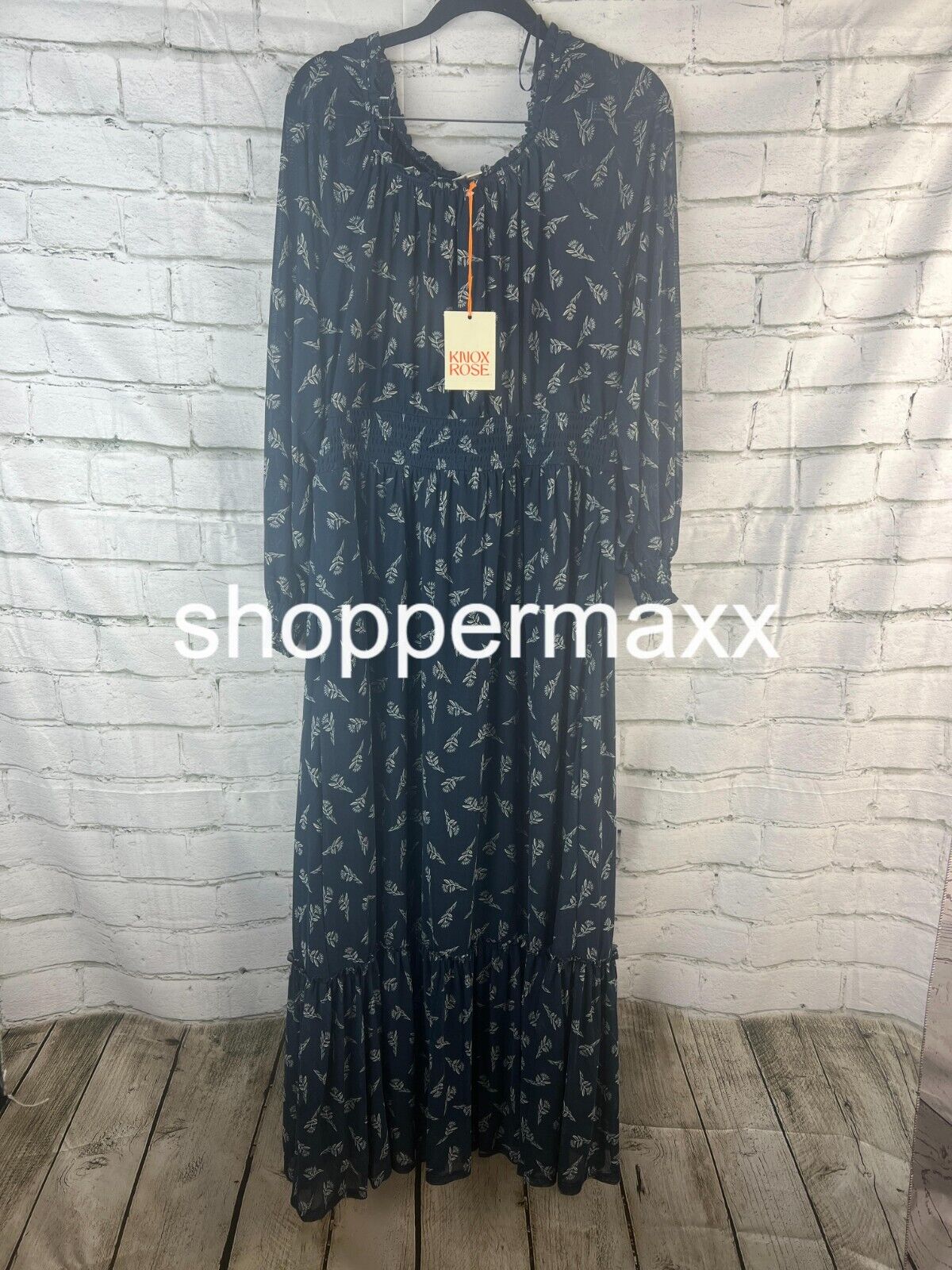 Women's Long Sleeve, A-Line Maxi Dress , Knox Rose, Blue, Floral, Large