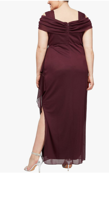 Alex Evenings womens Plus Sz Long Cold Shoulder W/ Ruched Skirt Beaded Wine, 18W