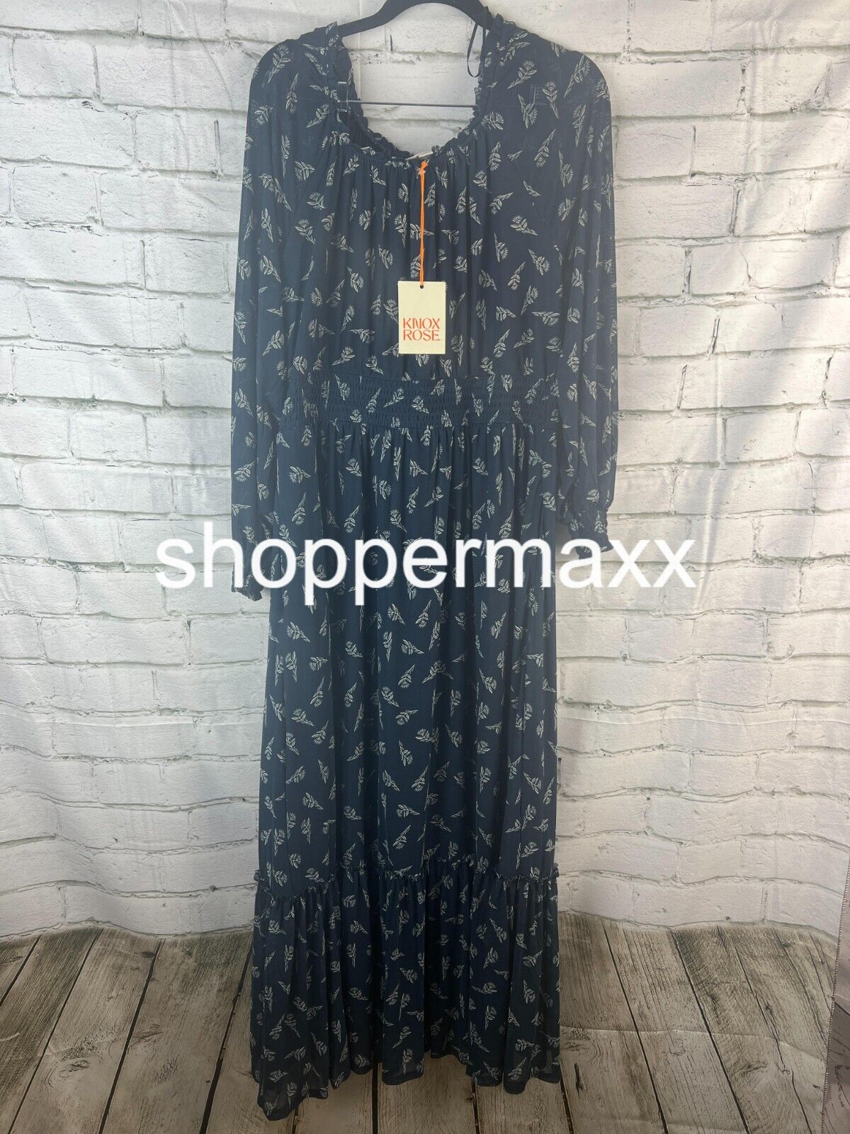 Women's Long Sleeve, A-Line Maxi Dress , Knox Rose, Blue, Floral, Large